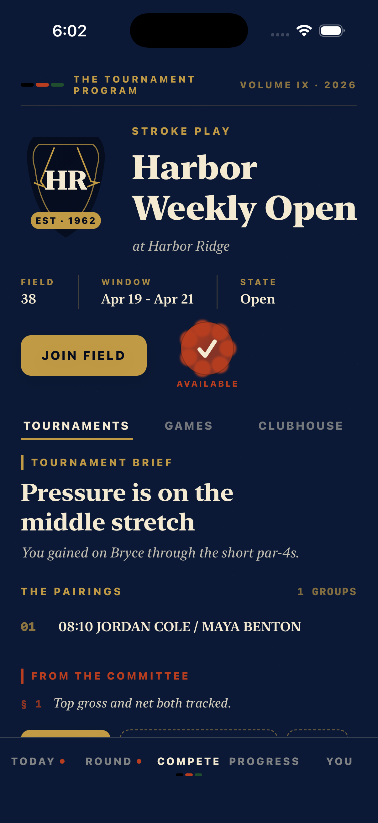 Golf Safari Compete screen with tournament program layout